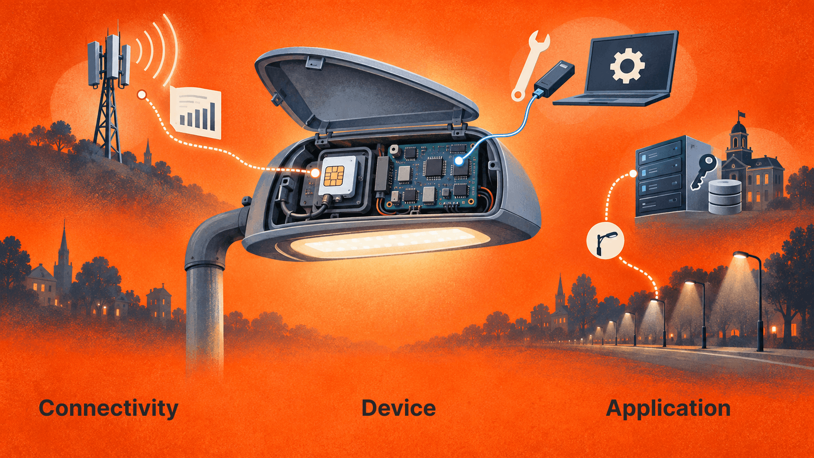 Connectivity, device firmware and application controls have separate responsibilities within the same municipal service.