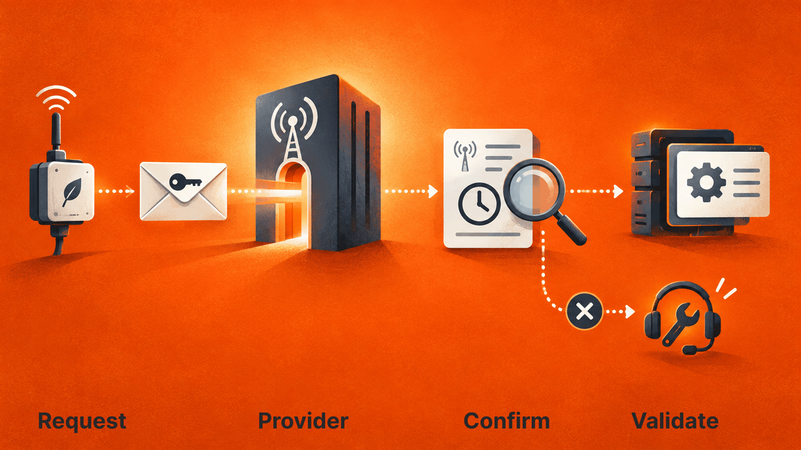 Proposed verification path: request, provider processing, confirmed state and validated service outcome.