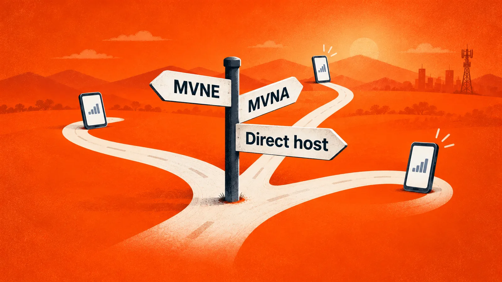 A signpost at a road fork pointing to MVNE, MVNA or a direct host agreement