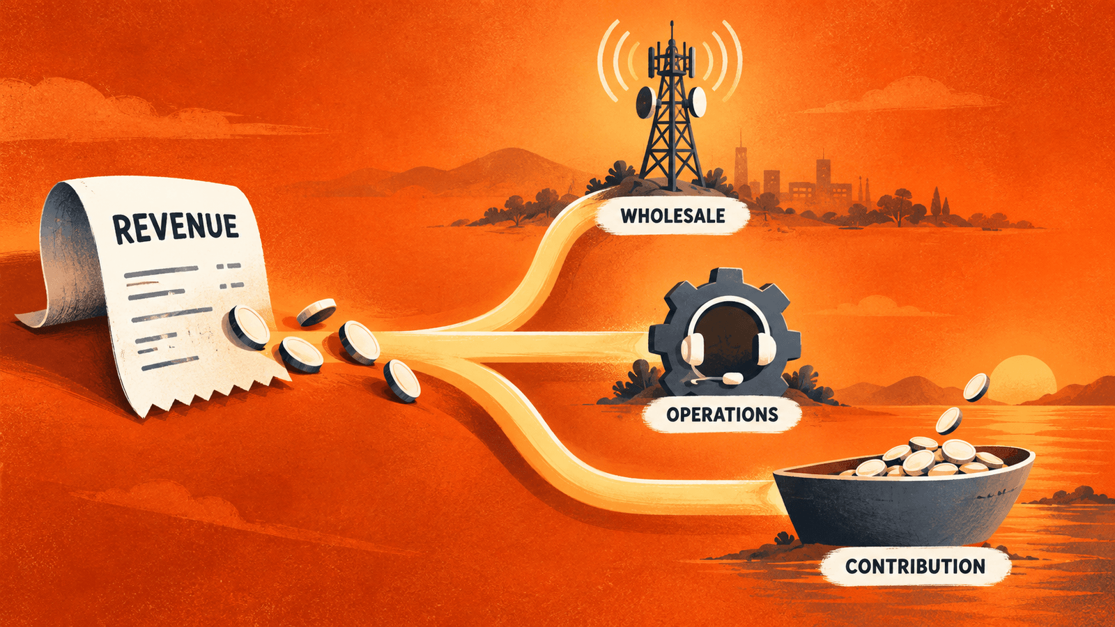 Service revenue funds wholesale and operating costs before contribution remains.